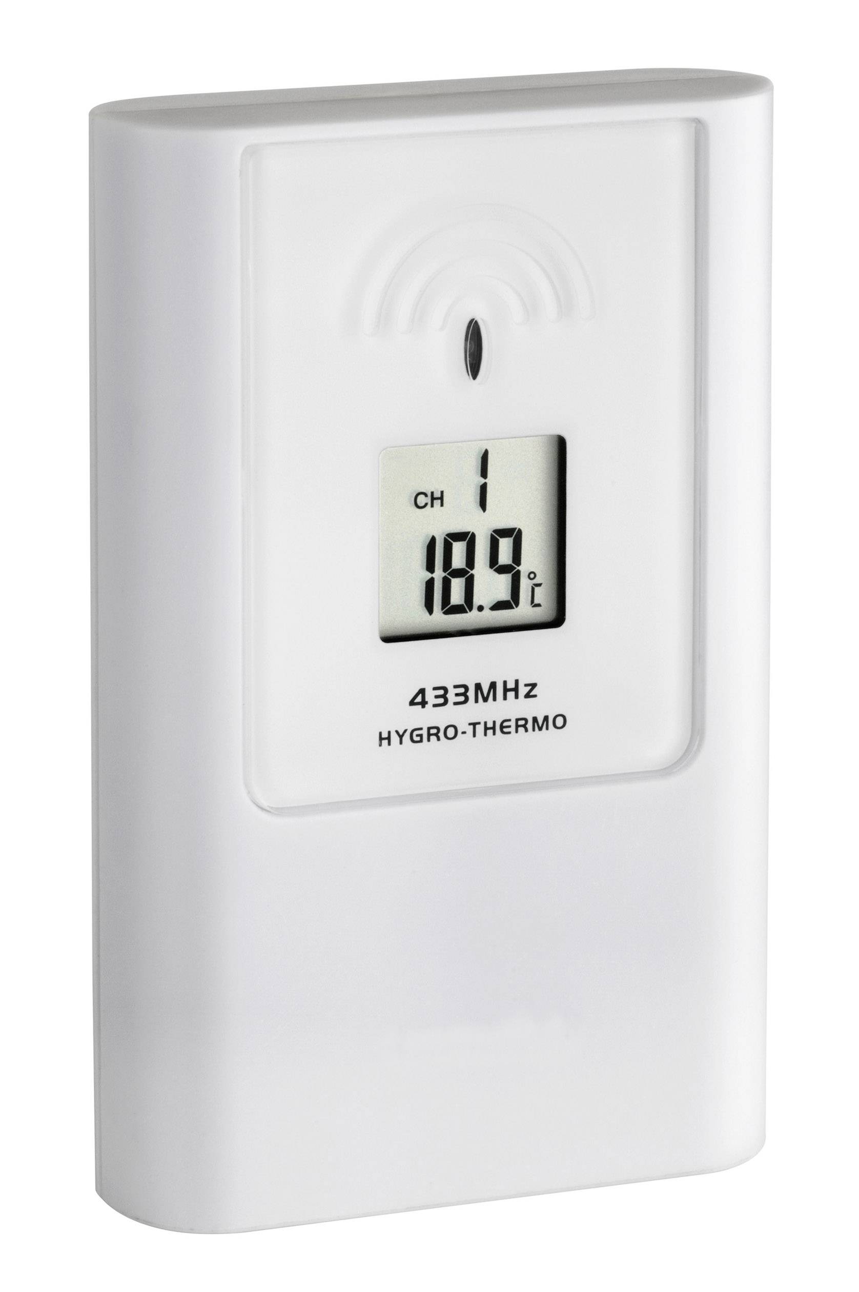 A white hygro-thermo device with a digital display shows '18.9°C'. It is set to Channel 1.