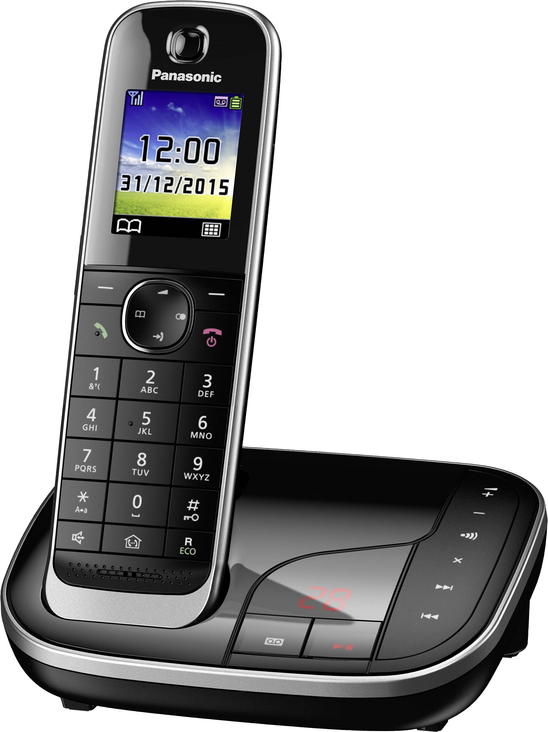 Panasonic cordless telephone with display showing '31/12/2015' and time '12:00'. Base station with illuminated red display.