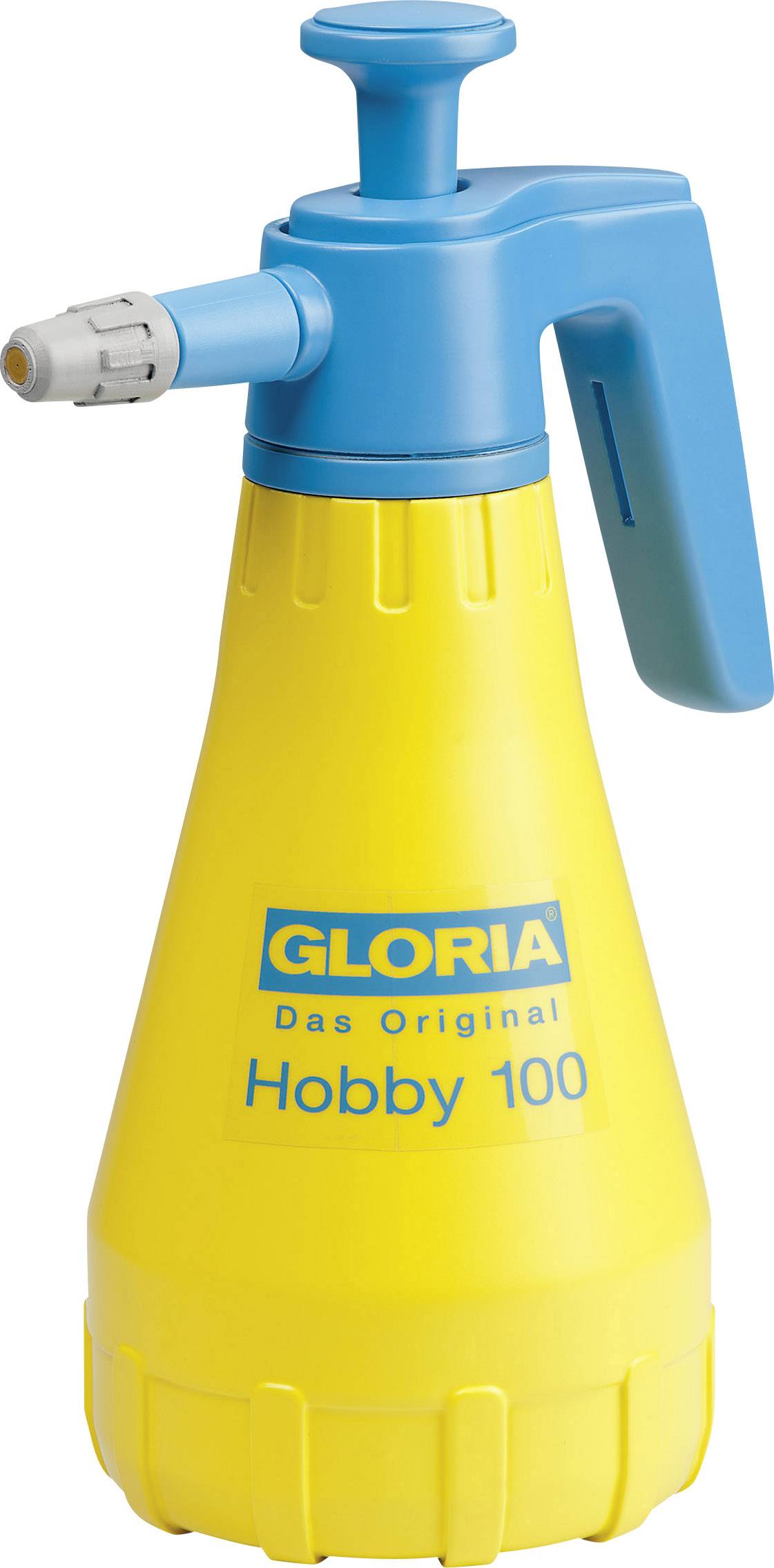 Yellow hand-operated spray bottle with blue handle and spray head, brand 'GLORIA', model 'Hobby 100'.