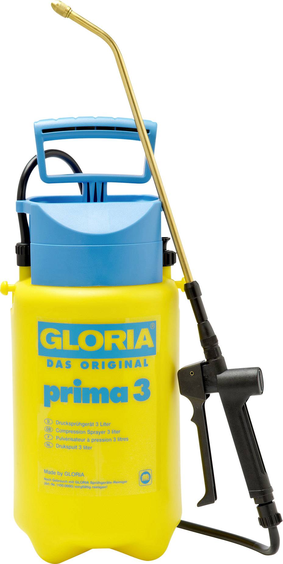 A yellow pressure sprayer with a blue cap, brand 'Gloria'. It has a long, detachable spray wand and is intended for garden work.