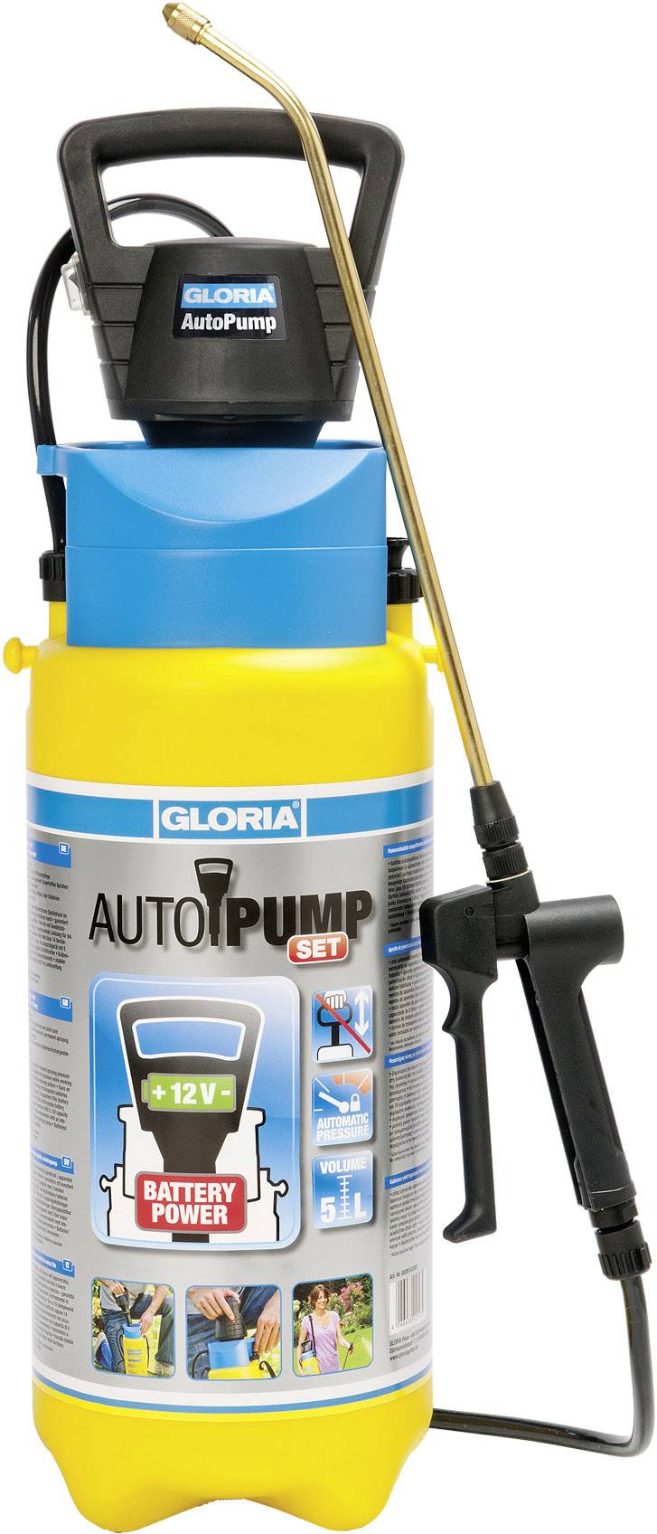 Yellow spray tank with 'AutoPump' labelling and handle. A battery-powered spray pump is mounted on top. A long spray lance is attached to the side.