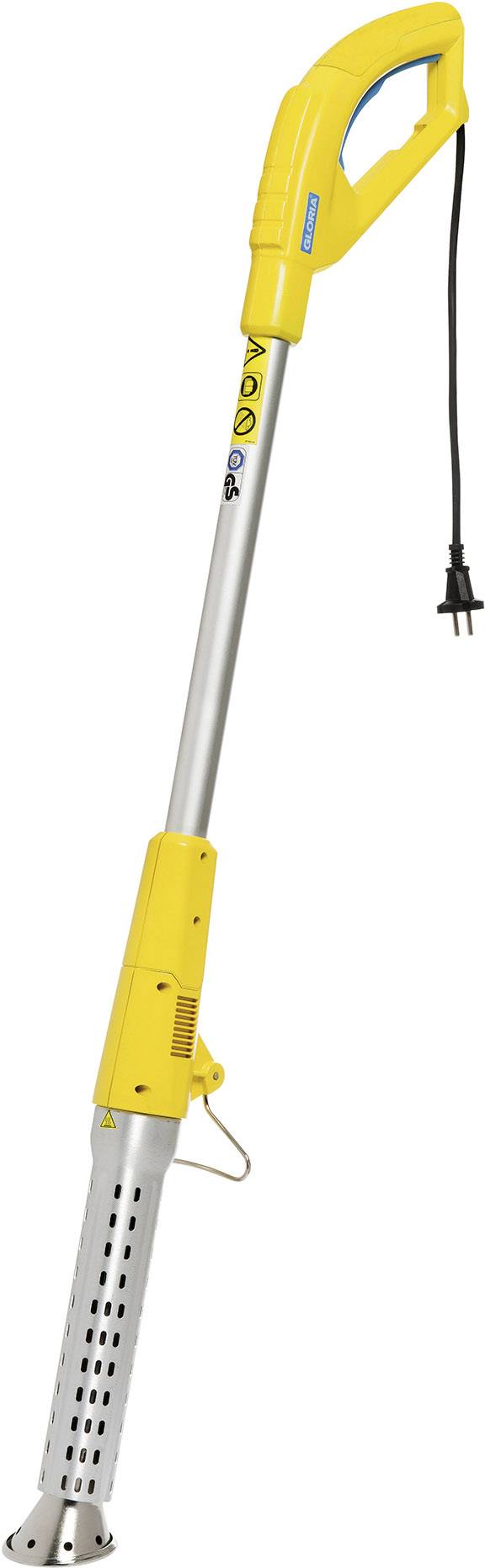Yellow electric weed burner with long handle and power cable, suitable for environmentally friendly weed removal.
