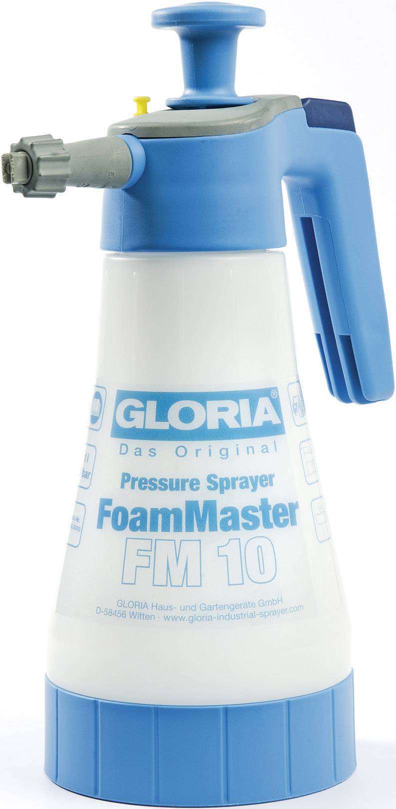 Spray Bottle Model 'FoamMaster FM 10' with blue handle and spray nozzle, suitable for cleaning or gardening tasks.