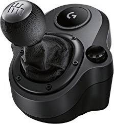 A black plastic gear lever, suitable for gaming steering wheels, with a 6-speed transmission and a logo on the top surface.