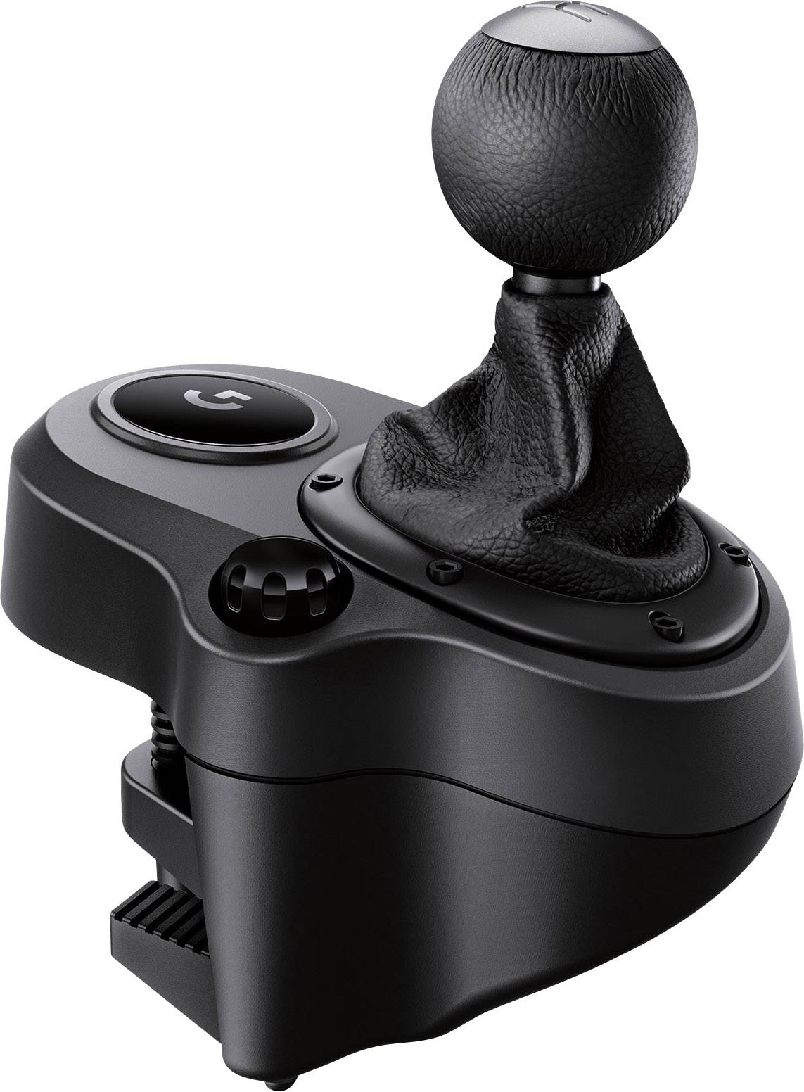 A black racing simulator gear shifter with a round knob and leather cover, by Logitech, for realistic driving simulations.