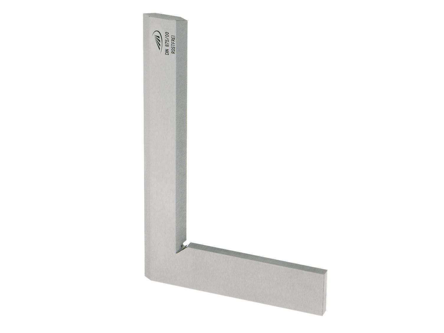 A silver metal angle measure with an engraved logo and measurement units on the vertical side. Suitable for alignment and measurement.