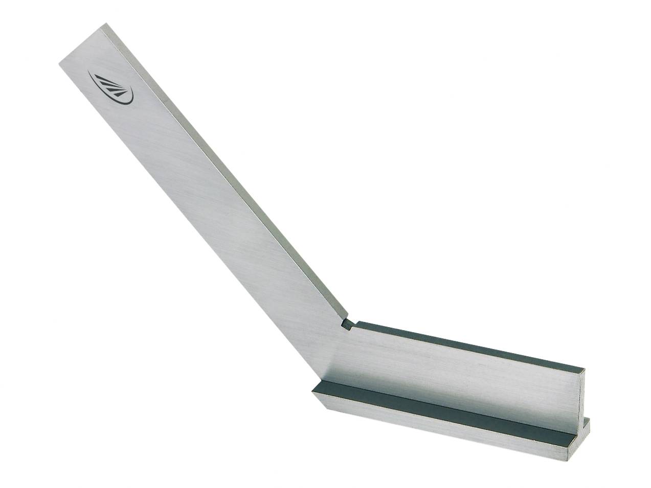 A silver metal set square with an engraved marking, used for measuring right angles or as a guide tool.