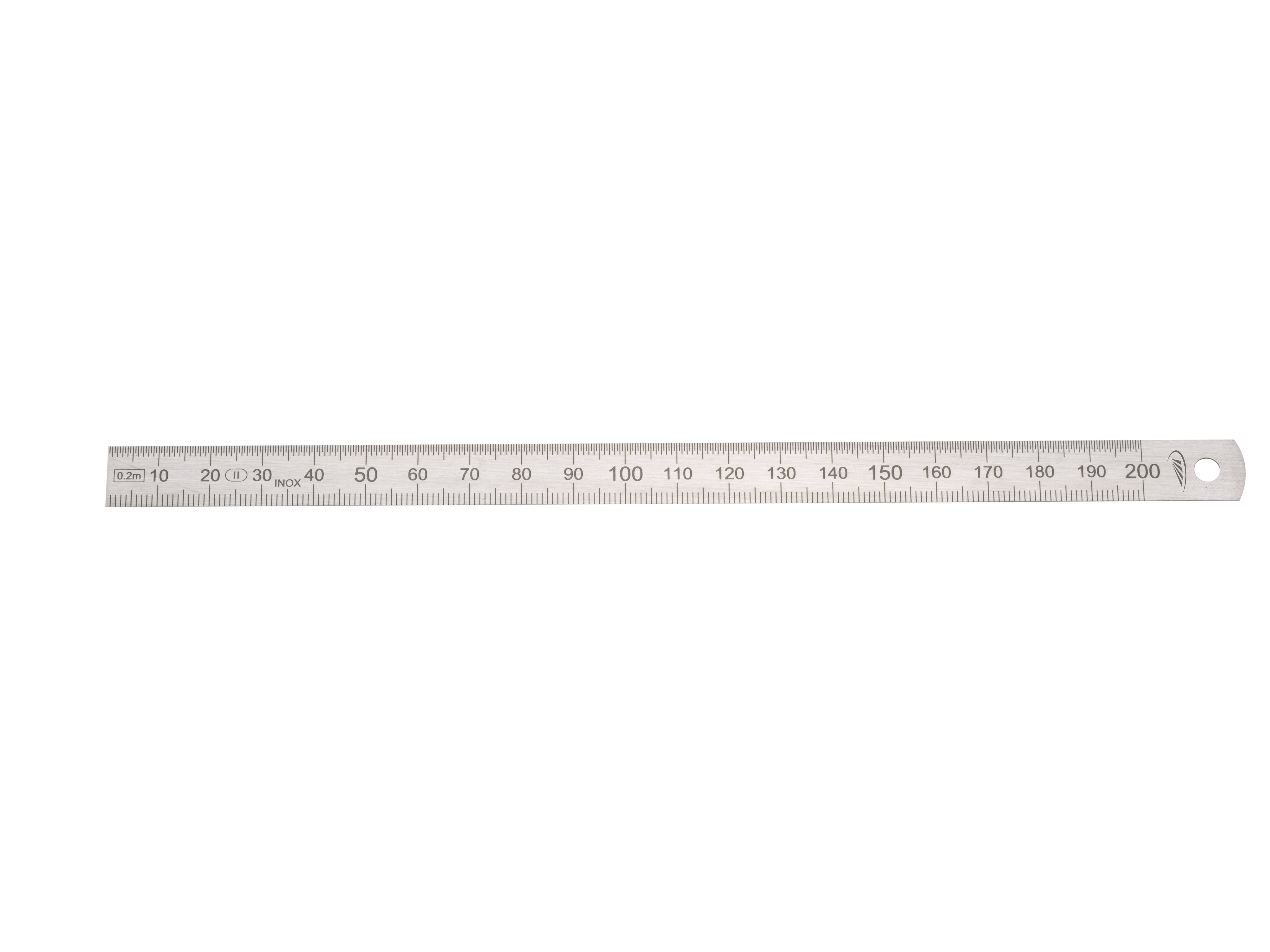 A silver metal ruler marked in centimetres and millimetres from 0 to 200.