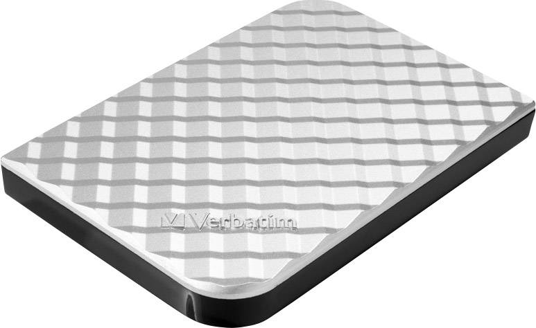 External hard drive with a silver, embossed surface and 'Verbatim' logo on the front. Ideal for data storage.
