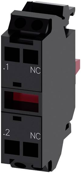 Black electrical switch element with two NC contacts, marked with '.1' and '.2', red switch insert on the right side.