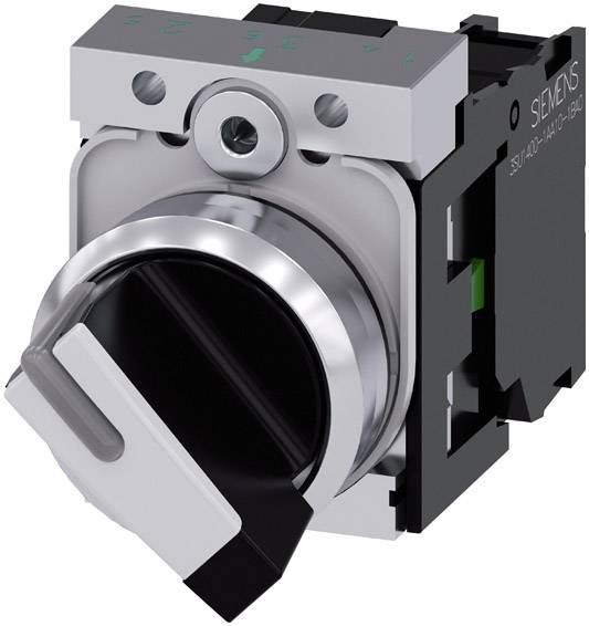 A toggle switch with a metal ring and black lever, used for industrial controls, on a black background.
