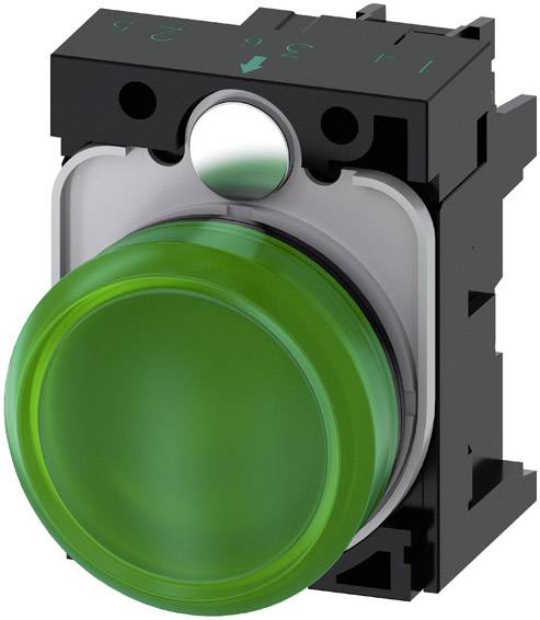 A green, round push button with a black mounting.
