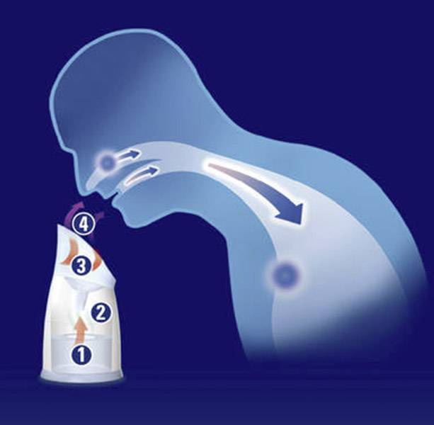 Diagram shows inhaler use: 1. Shake, 2. Open, 3. Inhale, 4. Close; Arrows indicate airflow to lungs.