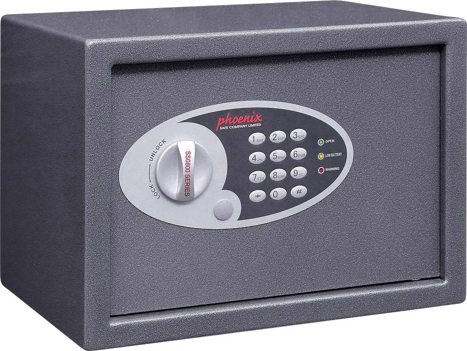 Grey safe with an electronic combination lock and red 'Phoenix' lettering above the control panel. Numbered keys from 0–9 for entering the code.