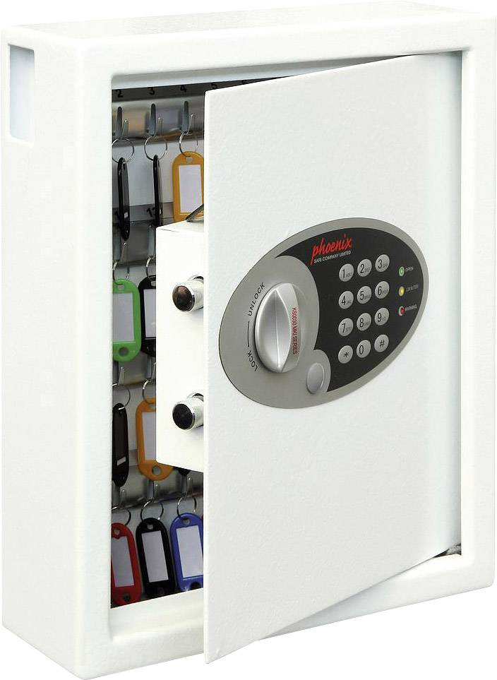 An opened key safe with an electronic combination lock, showing several colourful keys with labels inside.