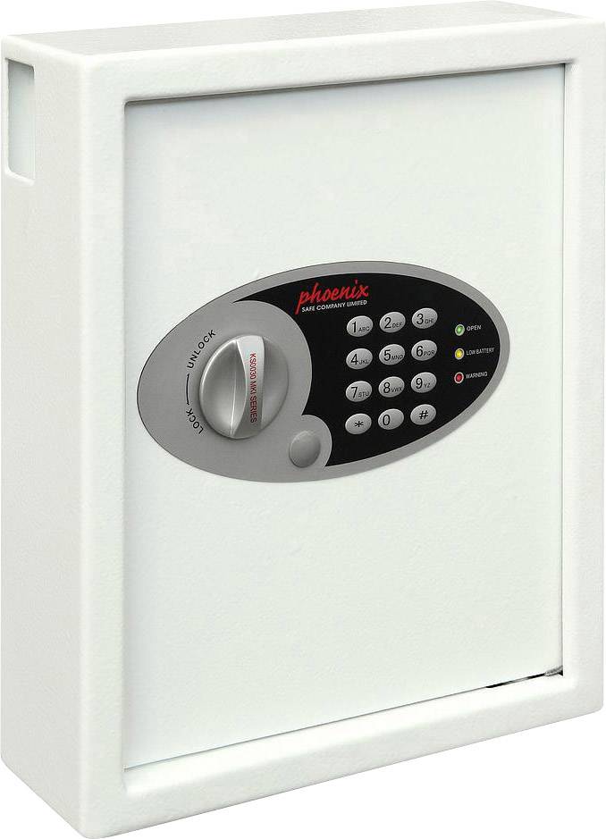 A white safe with an electronic keypad lock and rotary dial.