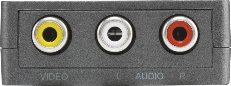 Three phono connectors: yellow for video, white for left audio channel, red for right audio channel.