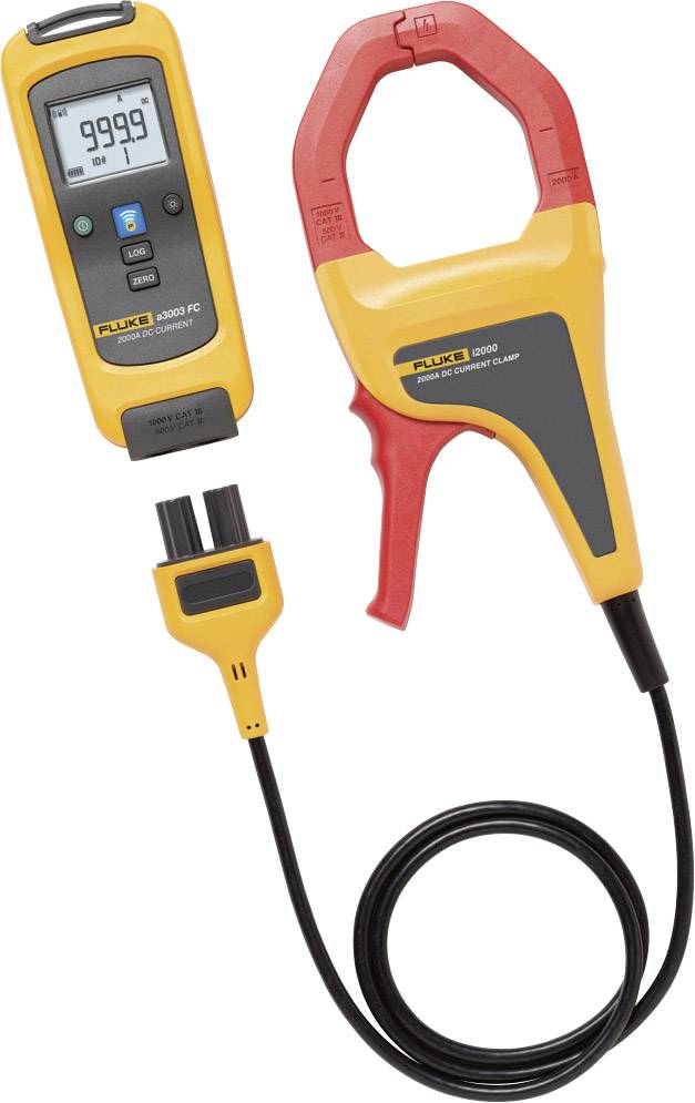 Ammeter with digital display for measurements. One clamp connects to the main device via a cable.