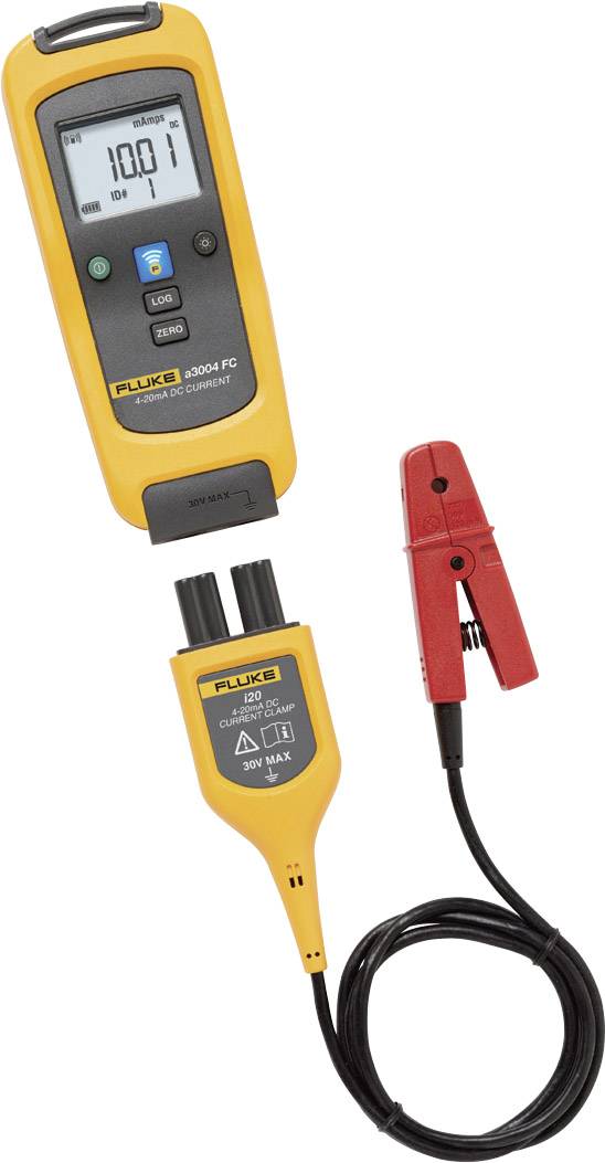 A yellow measuring device with a digital display is showing a reading. It is connected to a red connecting cable.