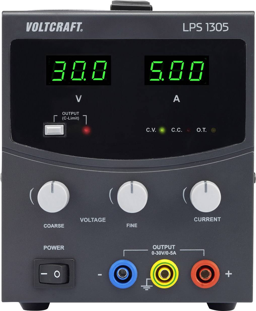 DC power supply with display for voltage (30 V) and current (5 A). Controls for fine and coarse adjustment of voltage and current.