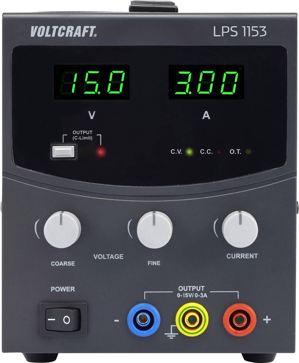 Electronic laboratory power supply with display indicators for voltage (15.0 V) and current (3.00 A); controls for voltage and current.