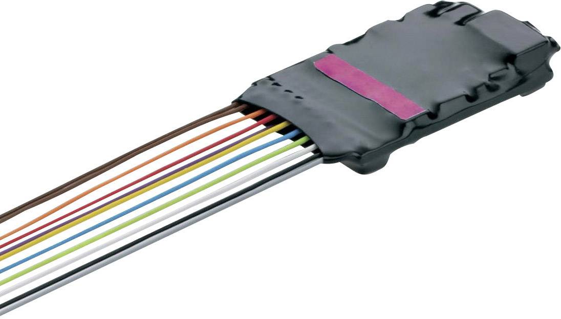 A flat ribbon cable with eight coloured wires and a black connector. It is used for power supply in electronic devices.
