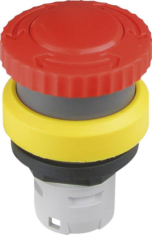 Red emergency stop button with yellow ring, used for safety in machinery or industrial applications.