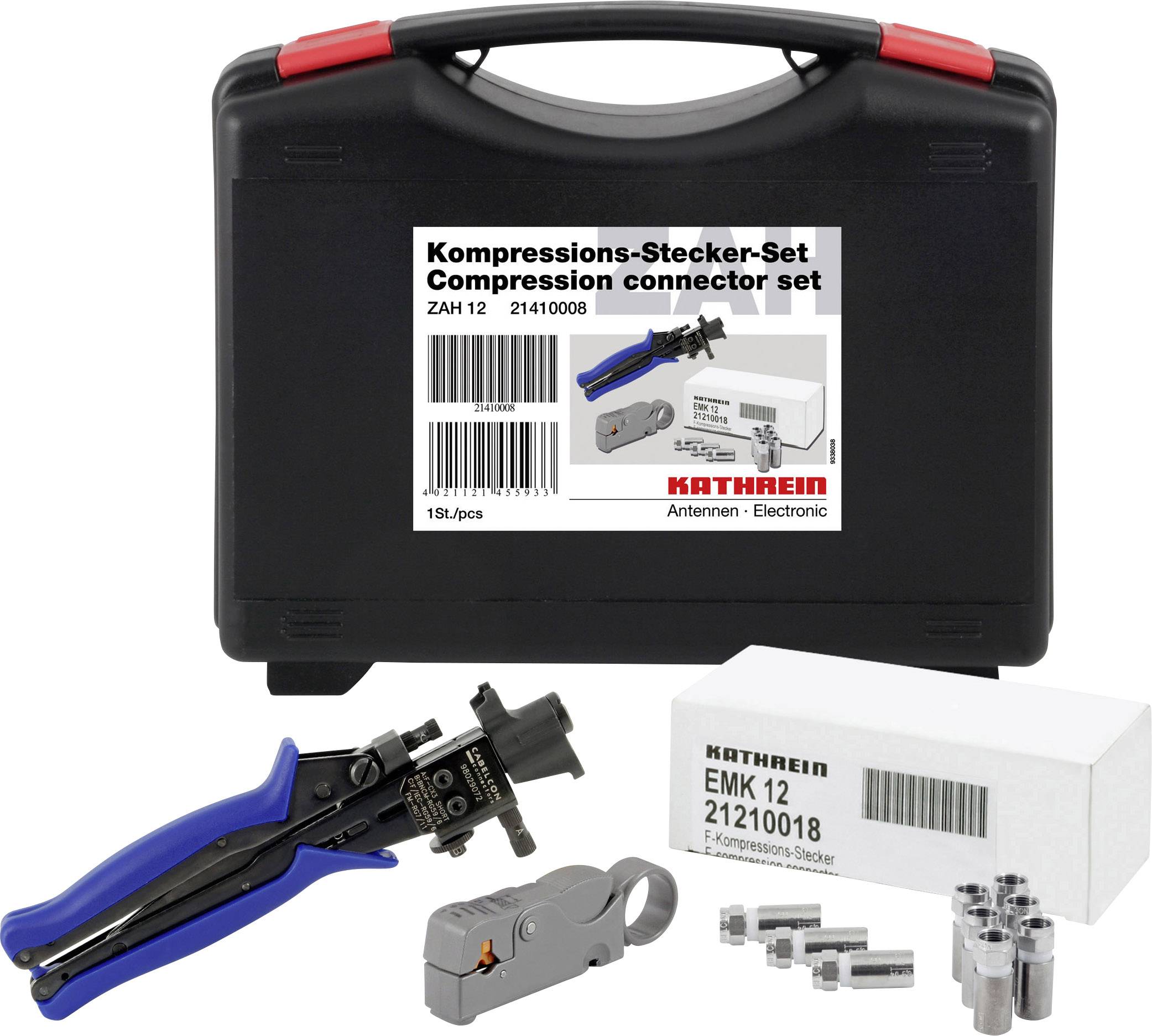 Compression Connector Kit with Tools for Creating Cable Connections, including Crimping Tool and Wire Stripper, in a Black Carrying Case.