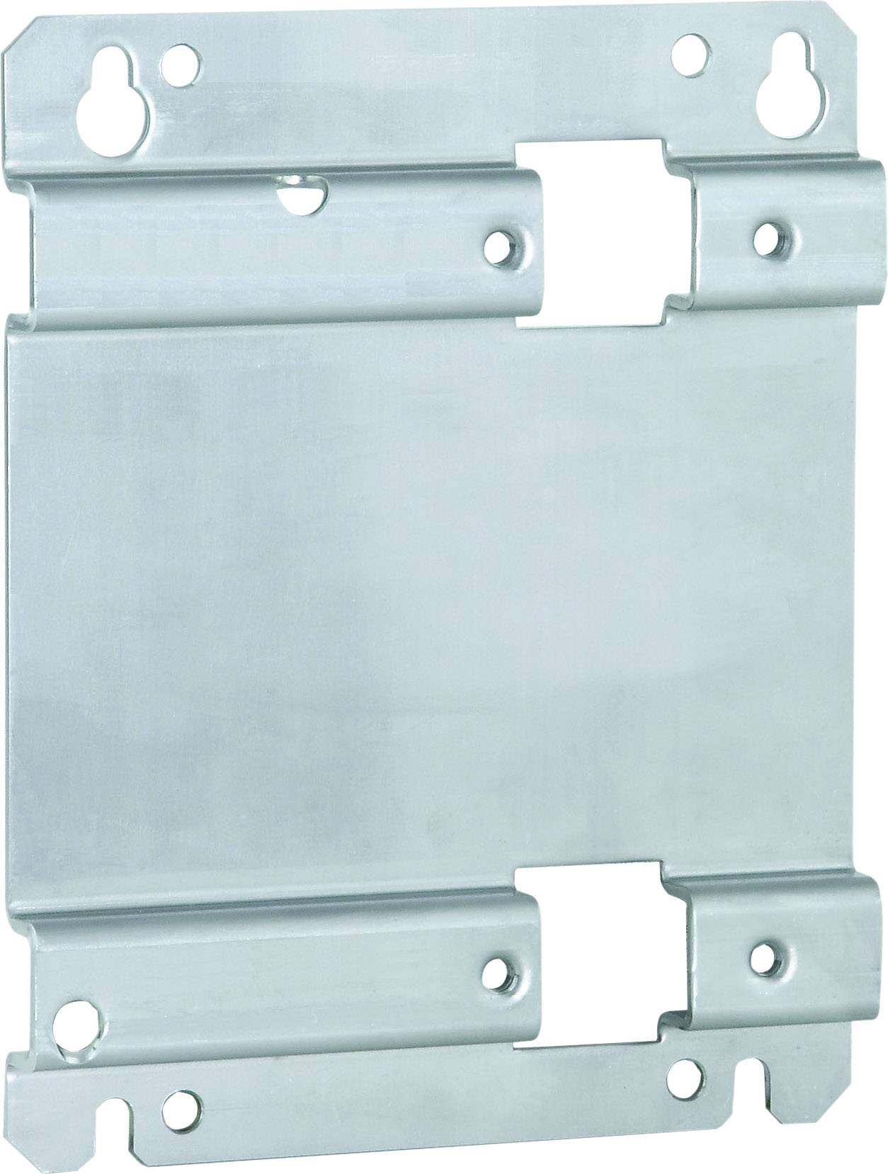 Metal fixing plate with multiple holes and recesses for flexible mounting options.