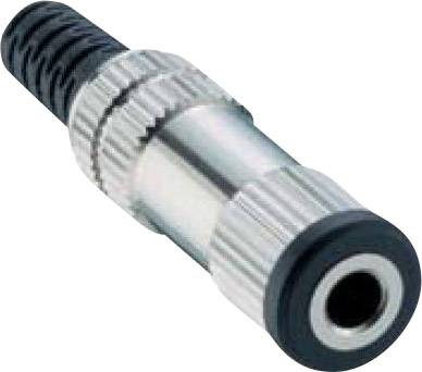 Ein silberner Adapterstecker mit geriffeltem Griff und schwarzem Gummianschluss, möglicherweise für Audio- oder Elektronikgeräte.
