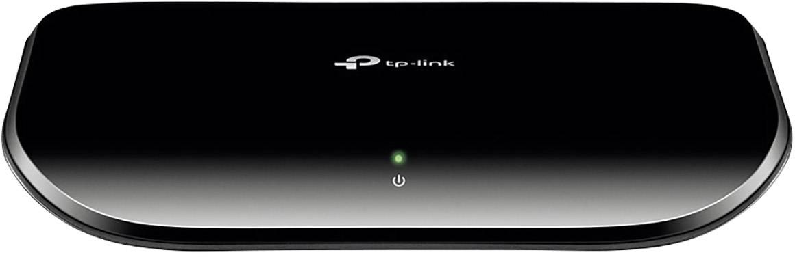 A black network switch from TP-Link with an illuminated LED status light on the front.