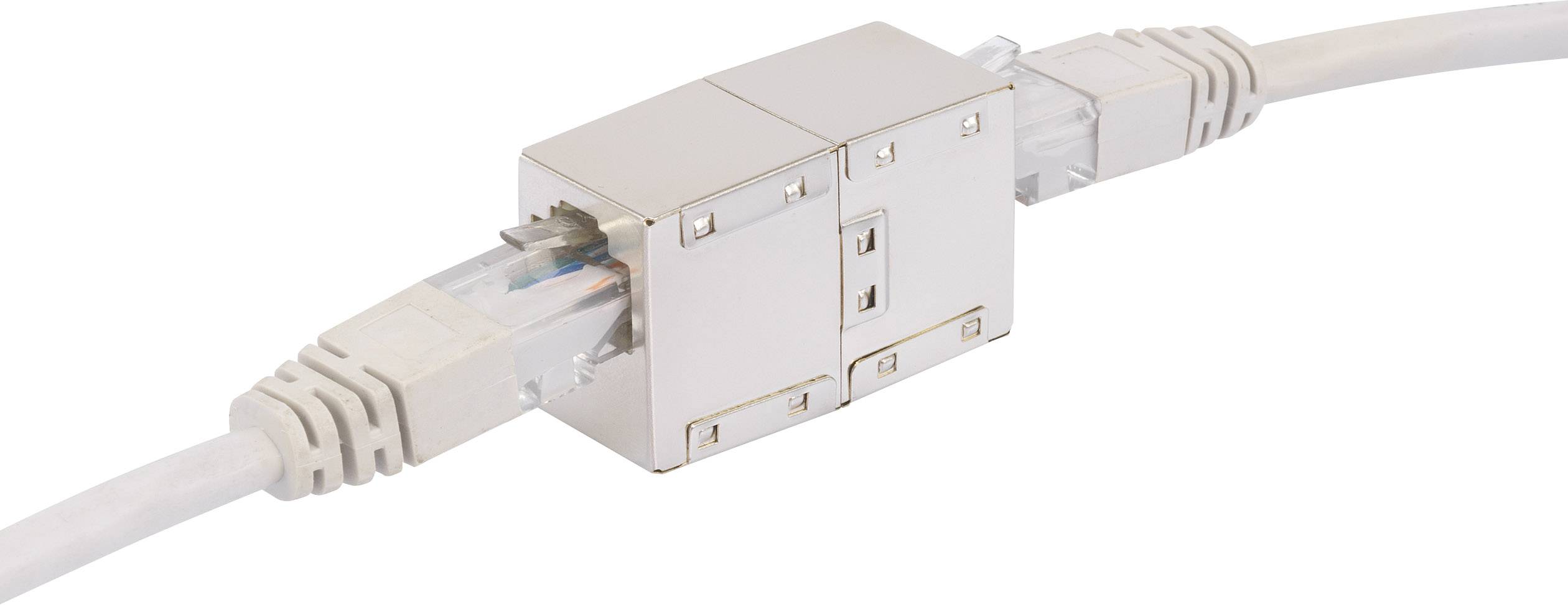 An Ethernet cable connected with an inline coupler, extending two cables.