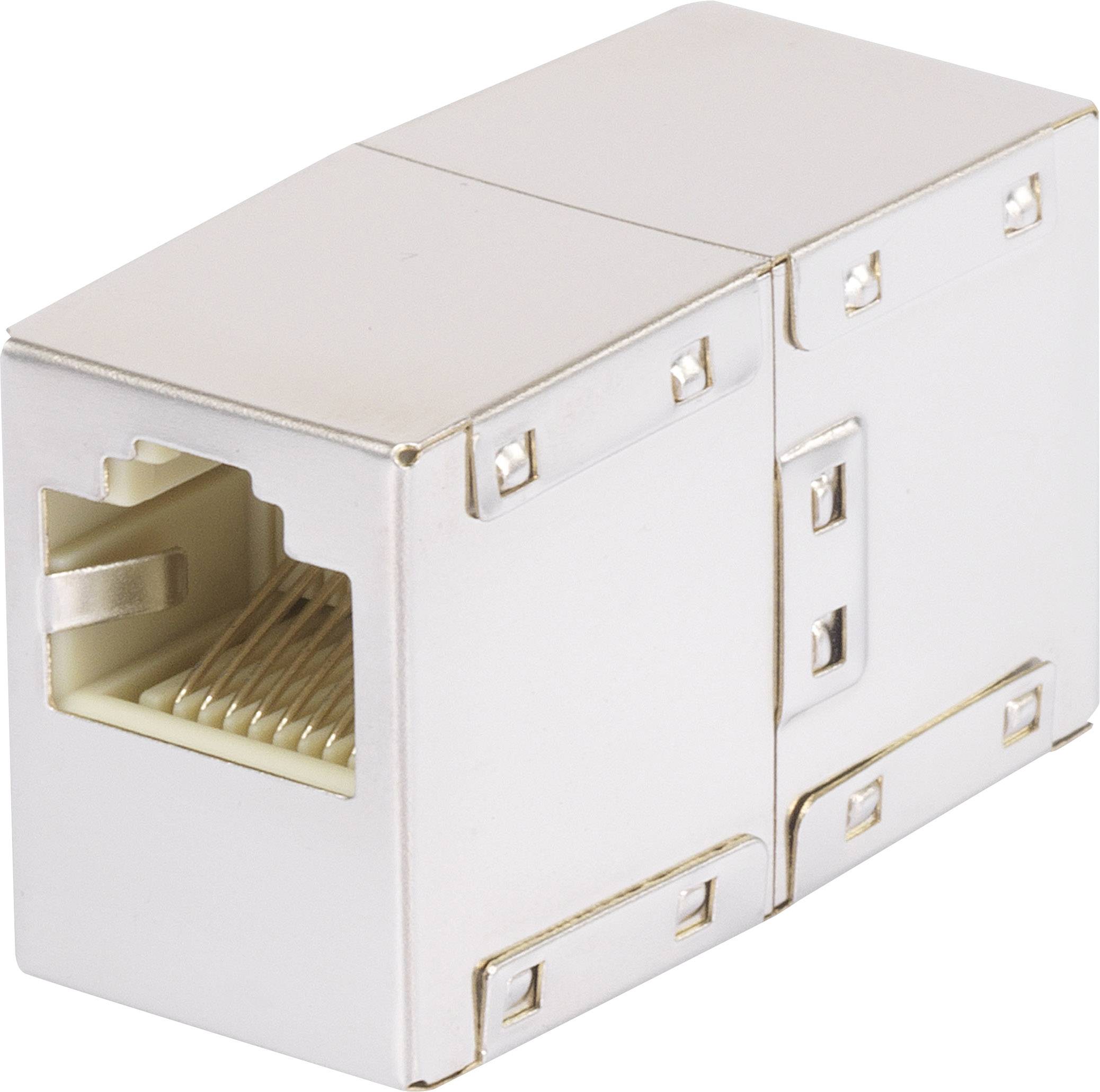 Metal RJ45 network plug for connecting Ethernet cables, showing the socket and outer shielding.