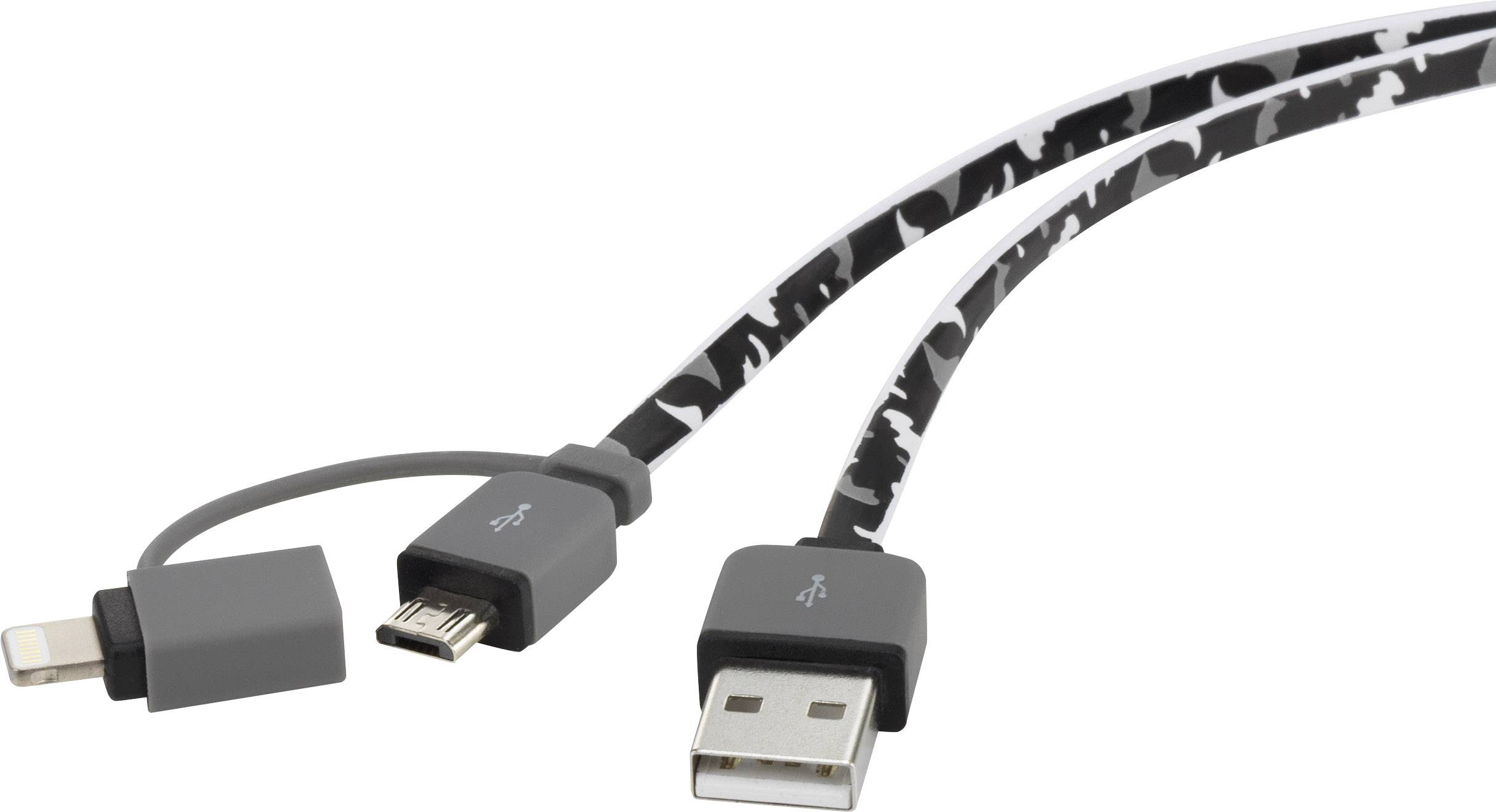 Three charging and data cables: USB to Lightning, USB to Micro-USB, and USB to USB-C, all with a black and white camouflage pattern.