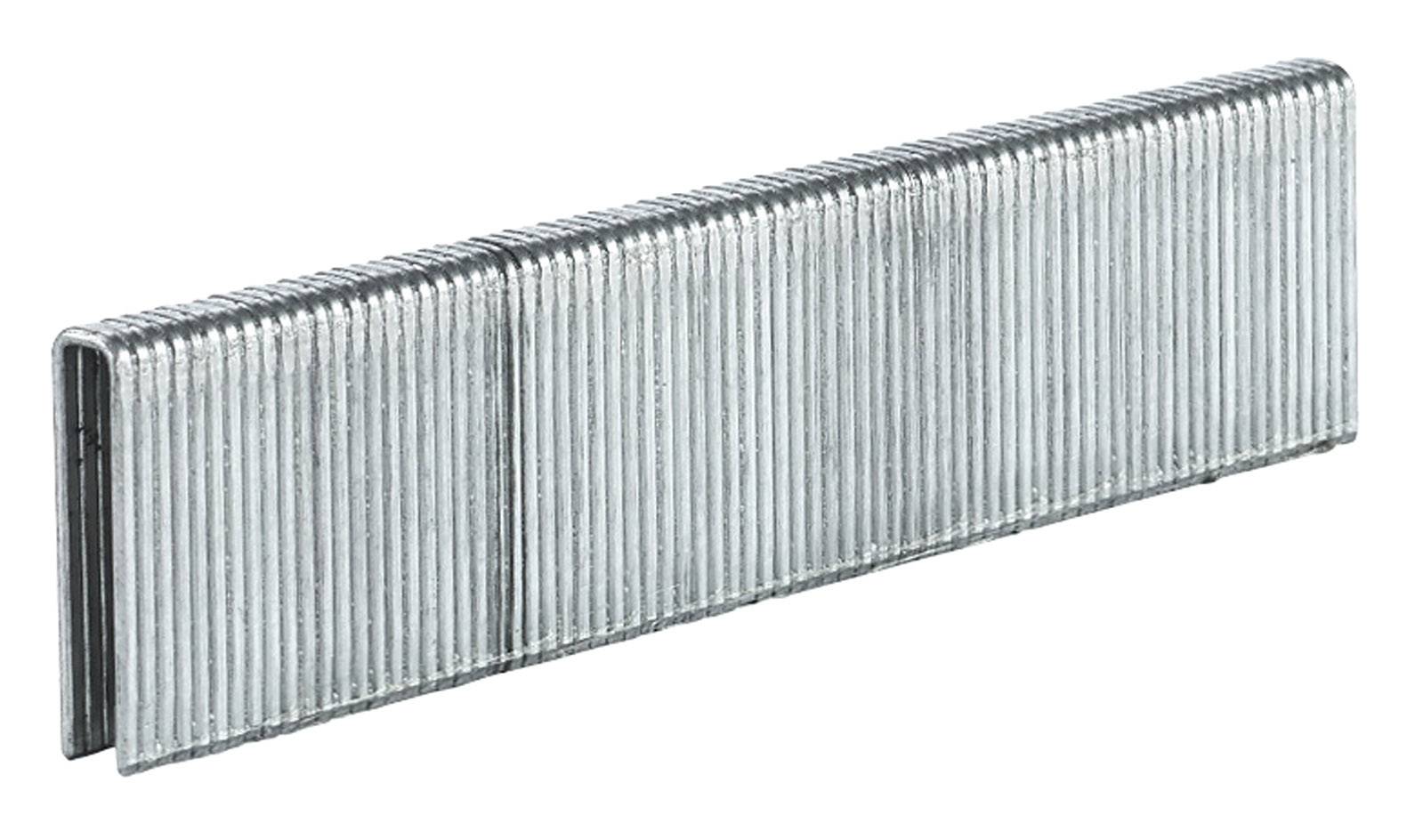 Silver-coloured staples are arranged in a row. They are made of metal and are used in a stapler.