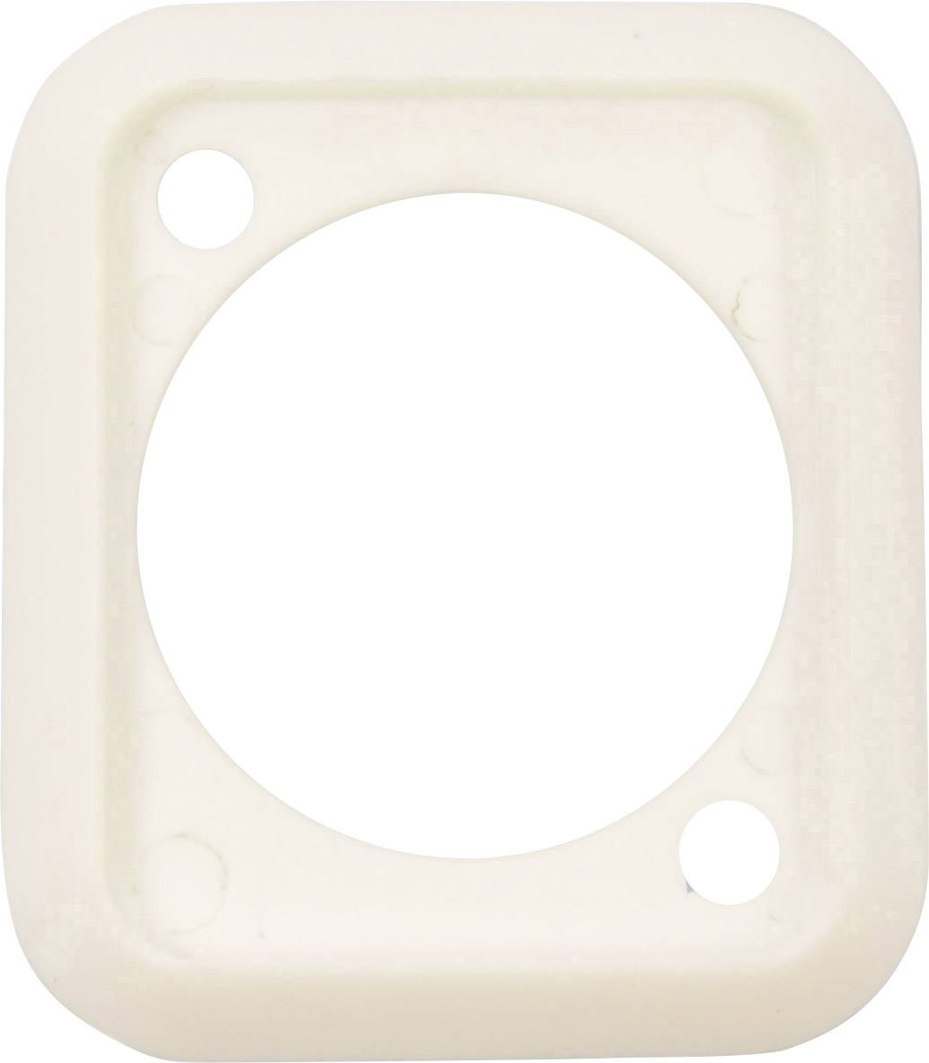 A bright white, square plastic component with a large circular recess in the centre and two small holes beside the recess.