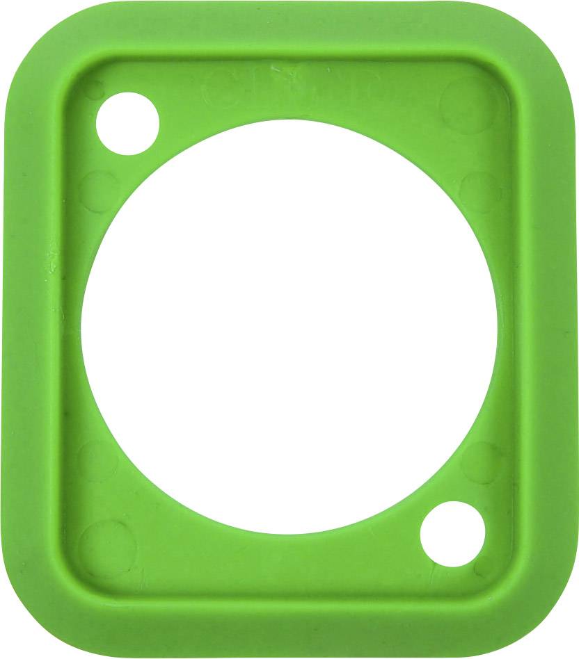 Green, rectangular plastic frame with a round hole in the centre and two smaller round holes at the top left and bottom right.