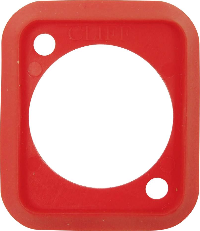 A rectangular, red frame with rounded corners and a large central hole, surrounded by two smaller holes.
