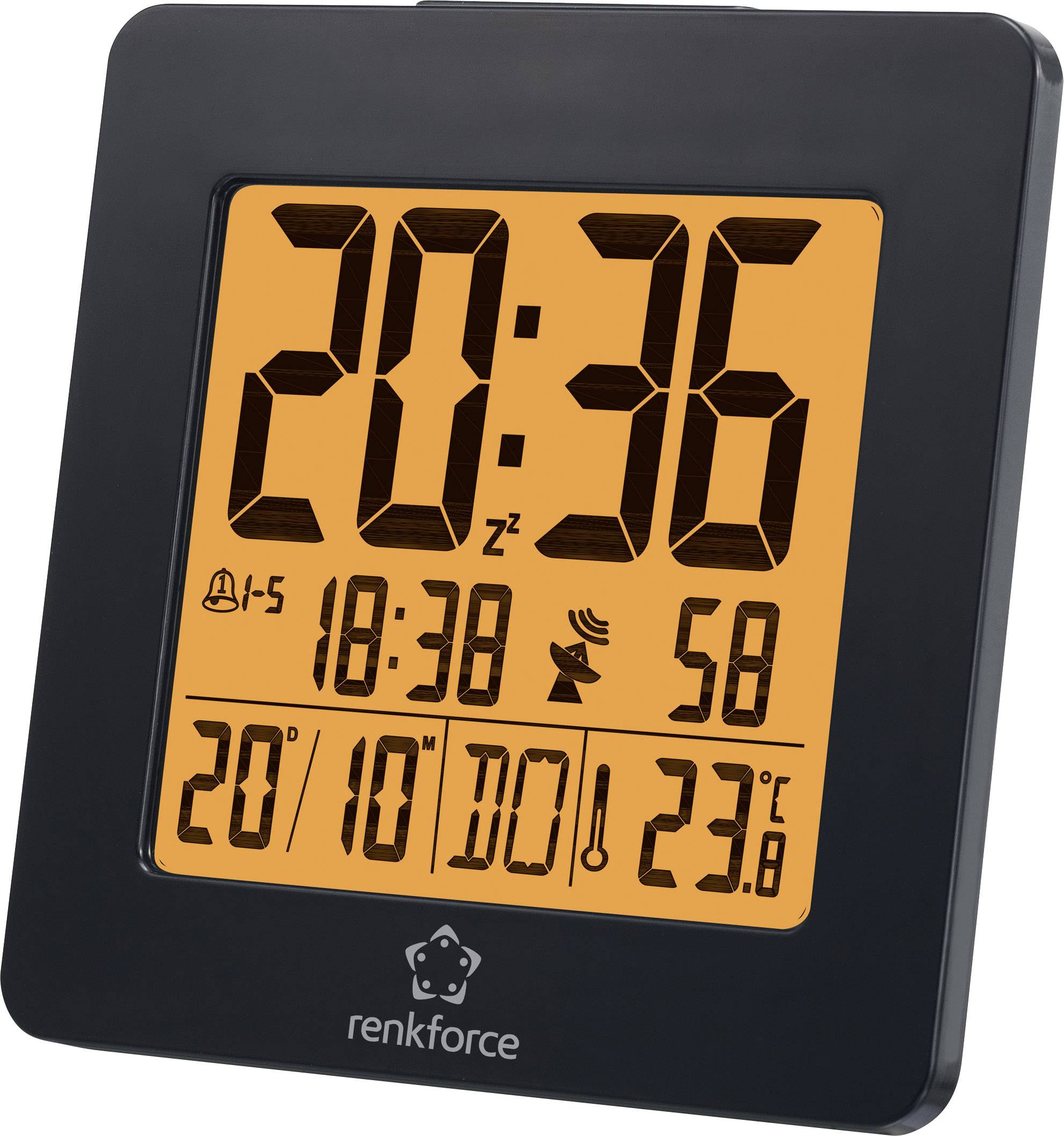 Digital weather station with large display showing the time as 20:36, date, alarm, radio signal, humidity at 58%, and indoor/outdoor temperature.