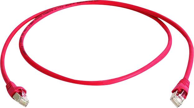 Red Ethernet cable with two RJ45 connectors, on a white background.