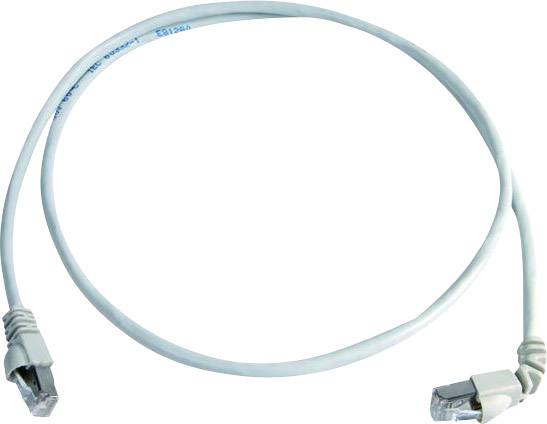 A white Ethernet cable with RJ45 connectors at both ends, lying on a white surface.