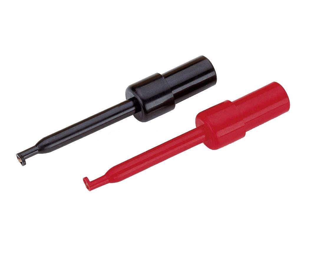 Two test probes: one black and one red. They are used to test electrical connections safely.