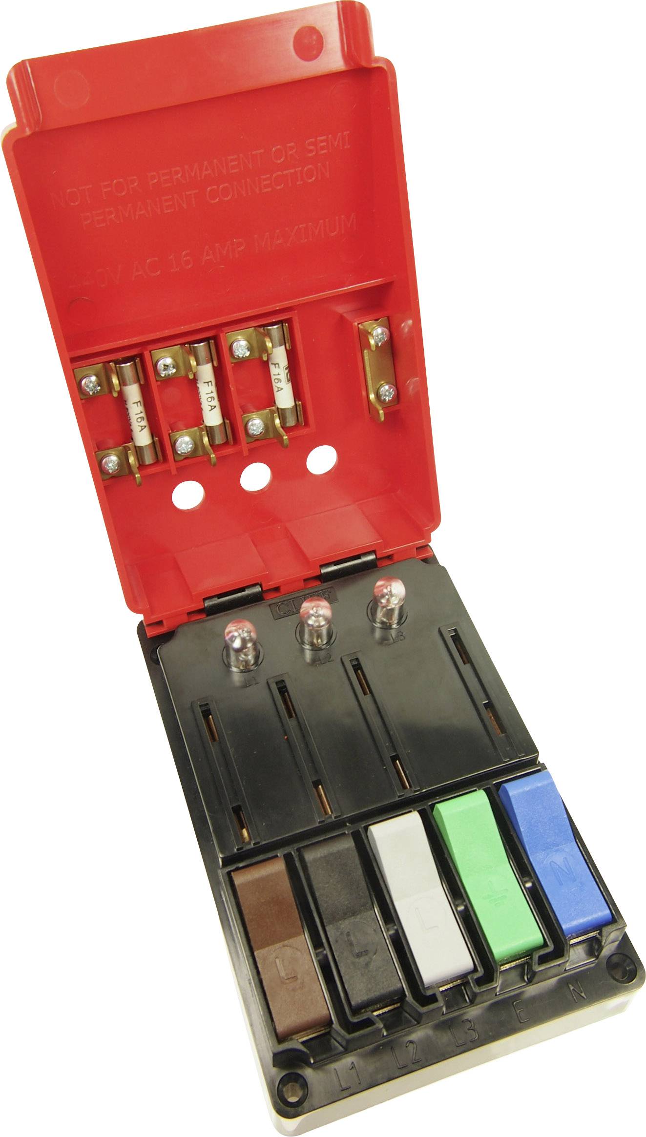 Red fuse box with an open lid. Various coloured fuses and three visible indicator lamps showing placed fuses.