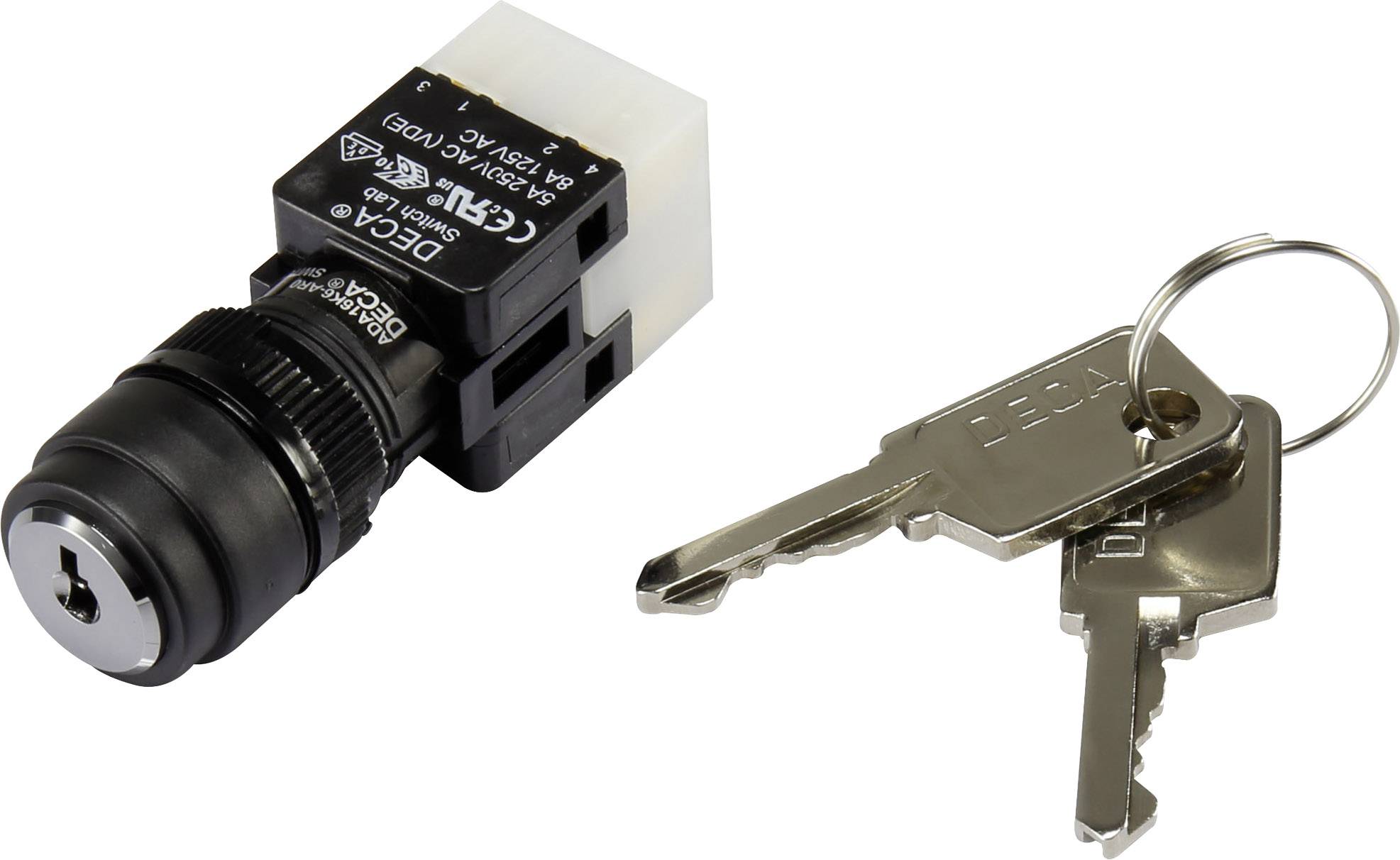 A black, electric key switch module with a white connector and a ring with two silver keys beside it.