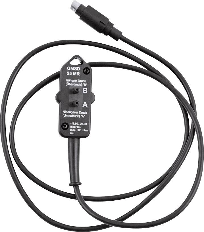 A differential pressure sensor GMSD 25 MR with cable and two connection options, marked with 'Higher Pressure' and 'Lower Pressure'.