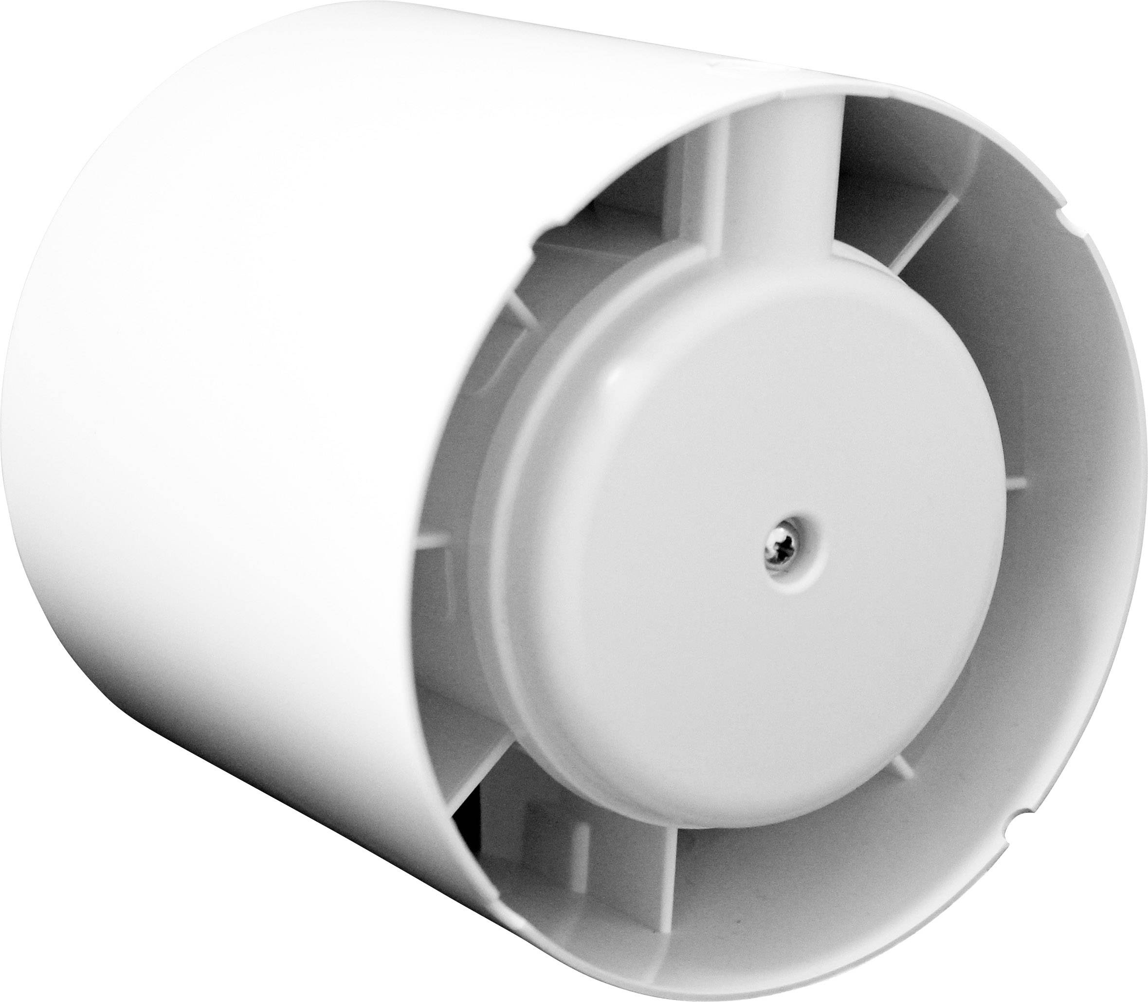 A white, circular fan with a visible impeller inside, suitable for air circulation and ventilation systems.