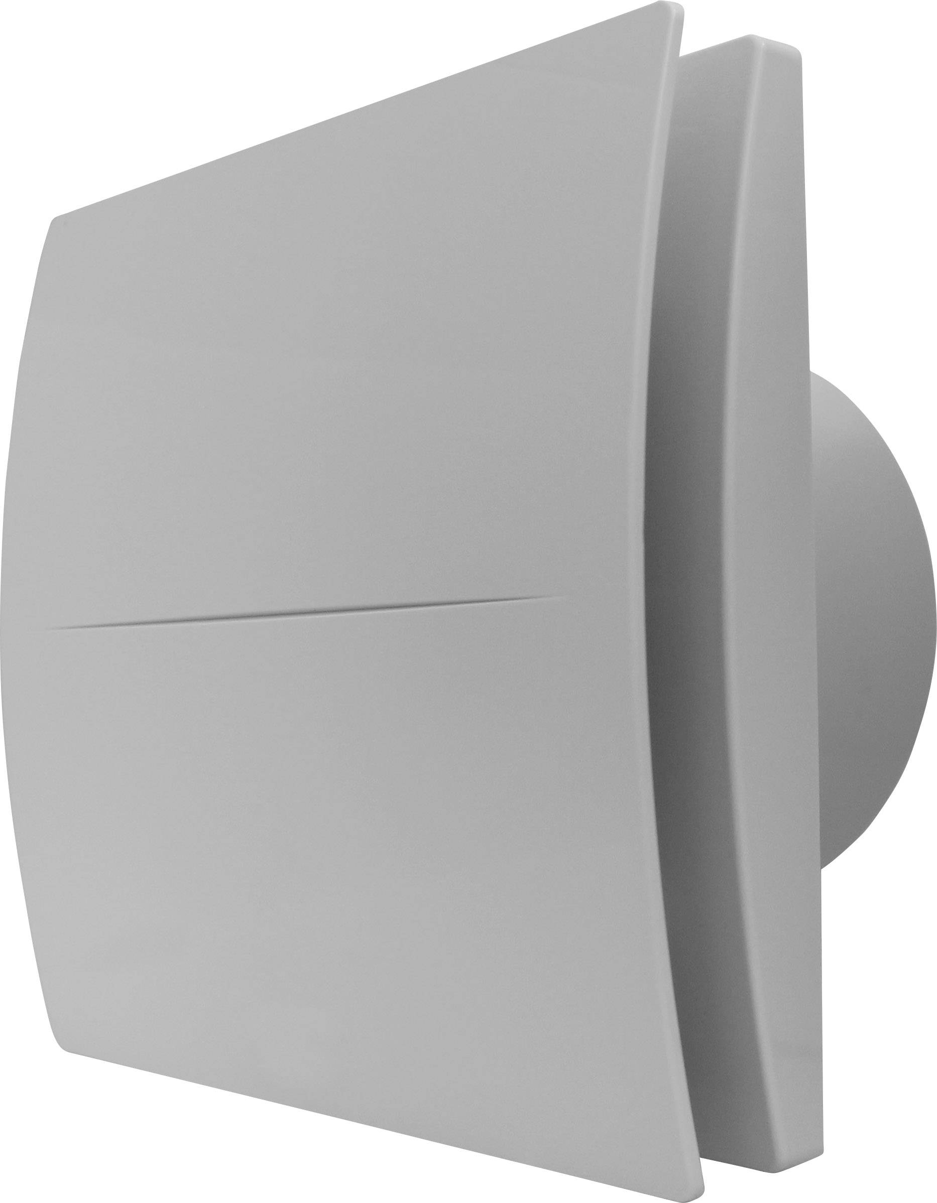Grey wall-mounted extractor fan in a modern design with a smooth, curved surface, suitable for bathrooms or kitchens.