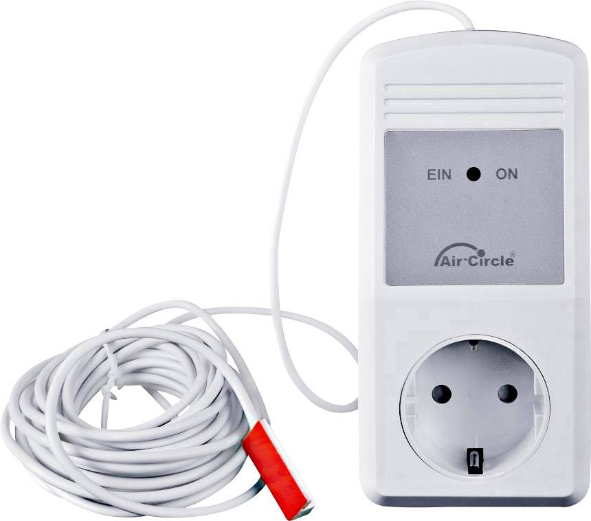 An electrical device with a plug socket and a switch. The switch has two positions: 'On' and 'Off'. Next to it lies a long, white cable with a red end.