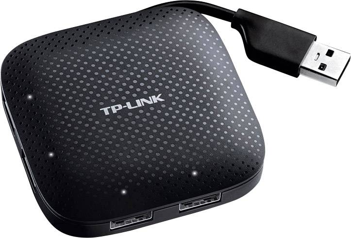 Black TP-Link USB hub with four connection ports and USB cable, designed for easy expansion of device connections.