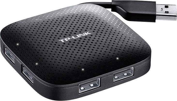 Black, square USB hub with four USB ports and a USB cable. 'TP-LINK' brand logo on the top surface.
